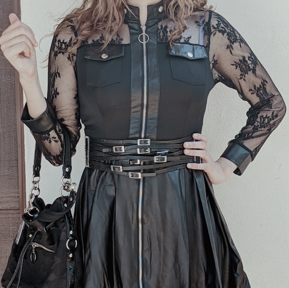 NWT Sexy Gothic Punk Rocker Lace Faux Leather Zipper Mini Bridesmaid Dress.S:S-L - Picture 10 of 16